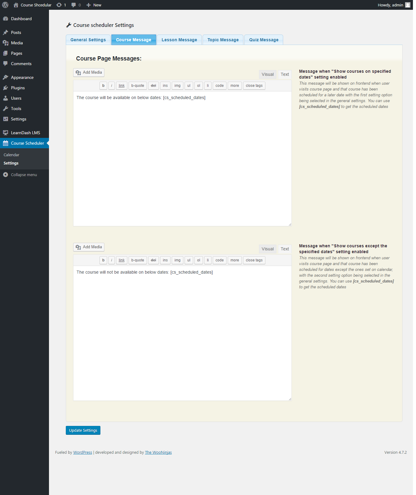 Course message page for Course Scheduler for LearnDash