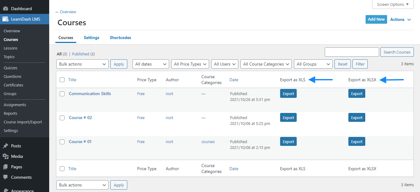 exporting learndash courses into excel file