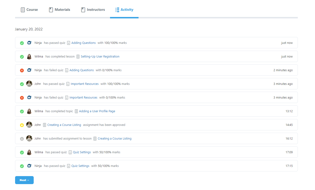 learndash activity timeline